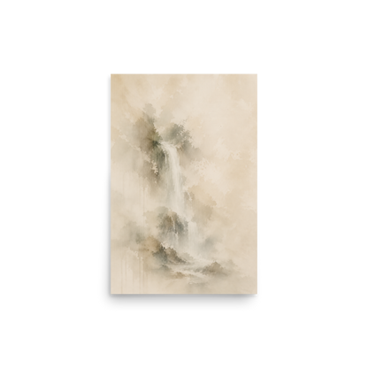 Minimalist waterfall-inspired poster featuring soft flowing forms in warm neutral and muted earth tones.