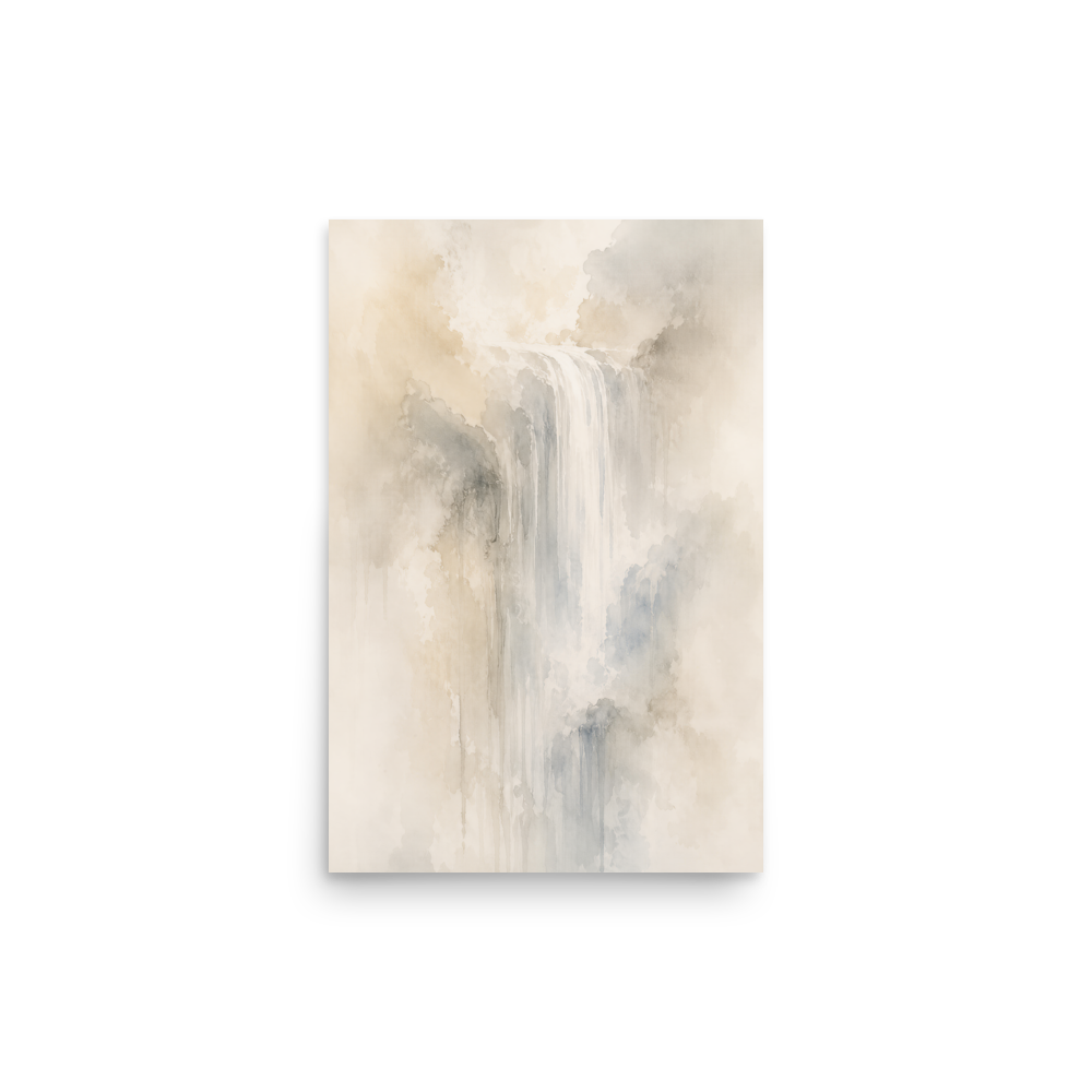 Minimalist waterfall-inspired poster with soft flowing forms in warm neutrals, misty blues, and subtle organic textures.