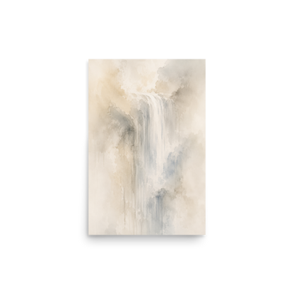 Minimalist waterfall-inspired poster with soft flowing forms in warm neutrals, misty blues, and subtle organic textures.