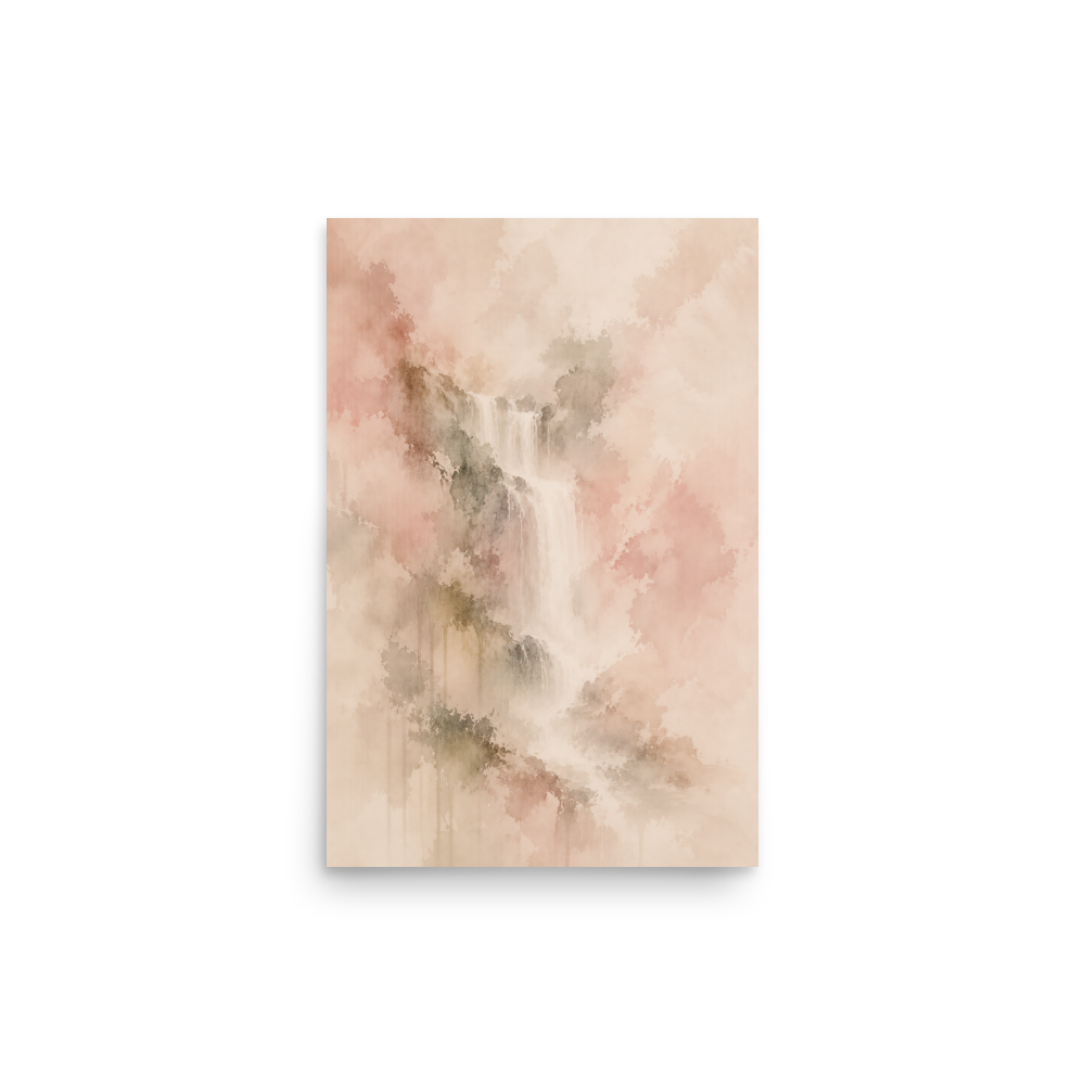 Minimalist waterfall-inspired poster featuring soft flowing forms in blush, warm neutral, and muted earth tones.