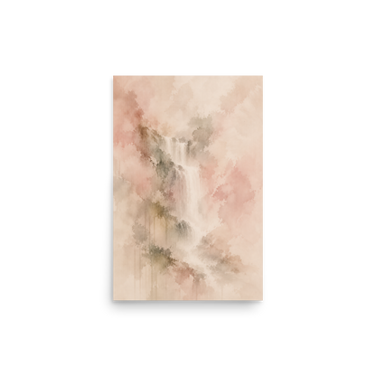 Minimalist waterfall-inspired poster featuring soft flowing forms in blush, warm neutral, and muted earth tones.