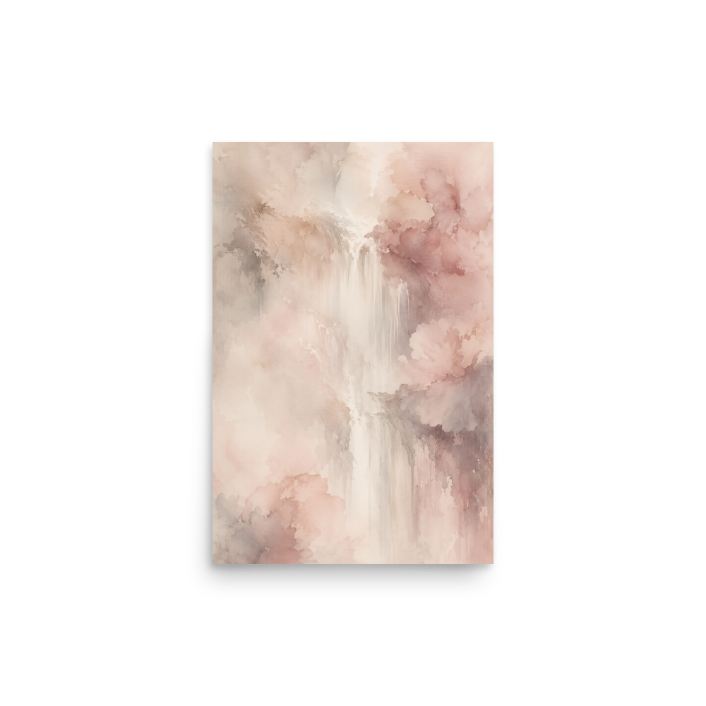 Minimalist waterfall-inspired poster featuring soft flowing forms in blush pink, warm neutrals, and muted earth tones.