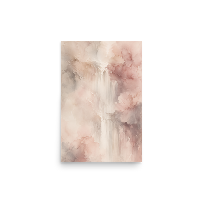 Minimalist waterfall-inspired poster featuring soft flowing forms in blush pink, warm neutrals, and muted earth tones.