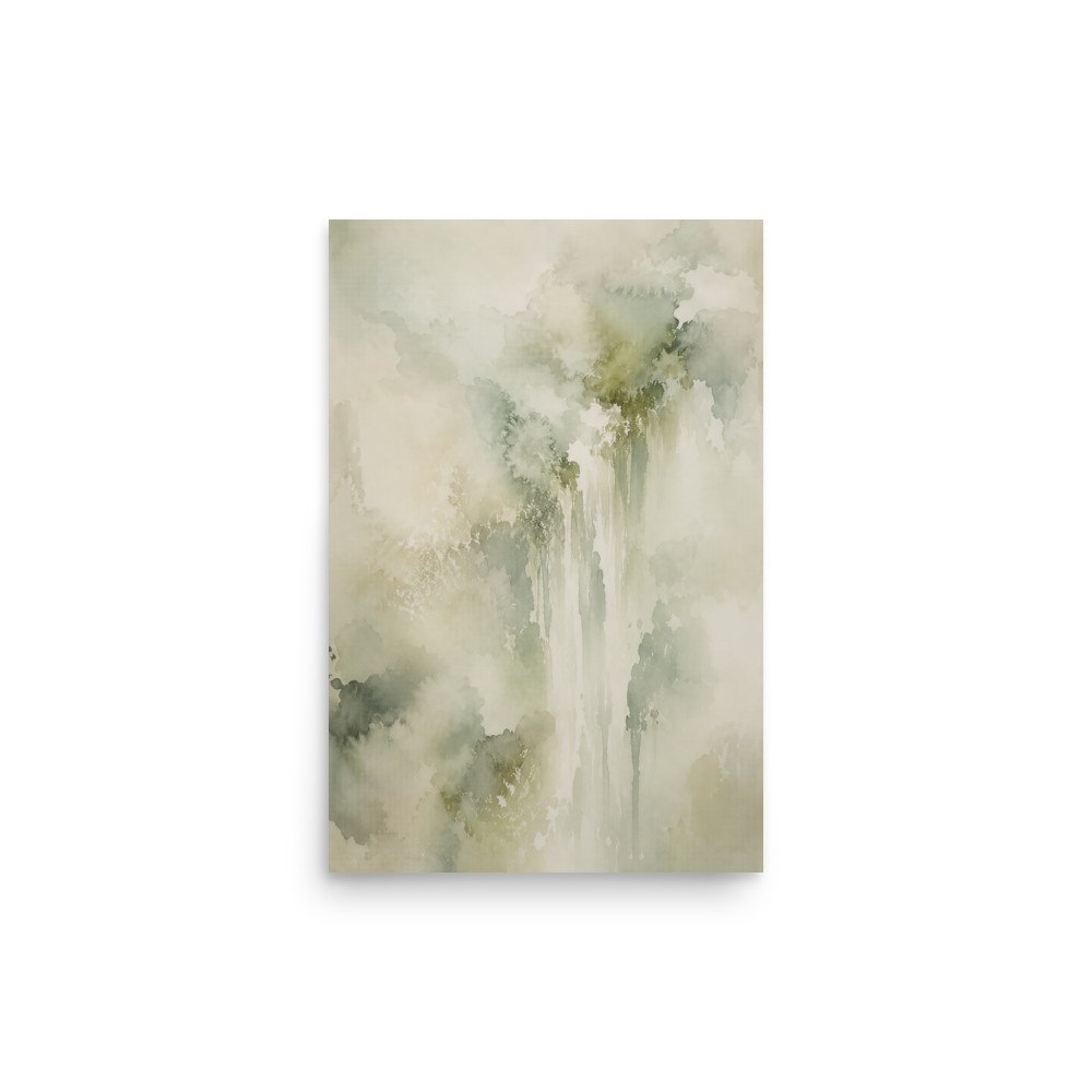 Minimalist waterfall-inspired poster featuring soft flowing forms in sage green, warm neutrals, and muted natural tones.