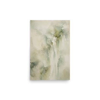 Minimalist waterfall-inspired poster featuring soft flowing forms in sage green, warm neutrals, and muted natural tones.
