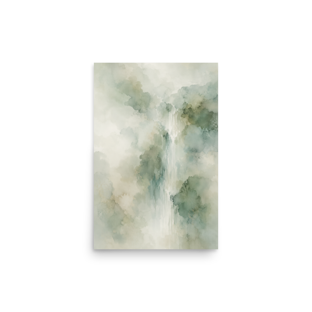 Minimalist waterfall-inspired poster with soft sage green tones, flowing water, and organic watercolor textures.