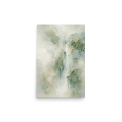 Minimalist waterfall-inspired poster with soft sage green tones, flowing water, and organic watercolor textures.
