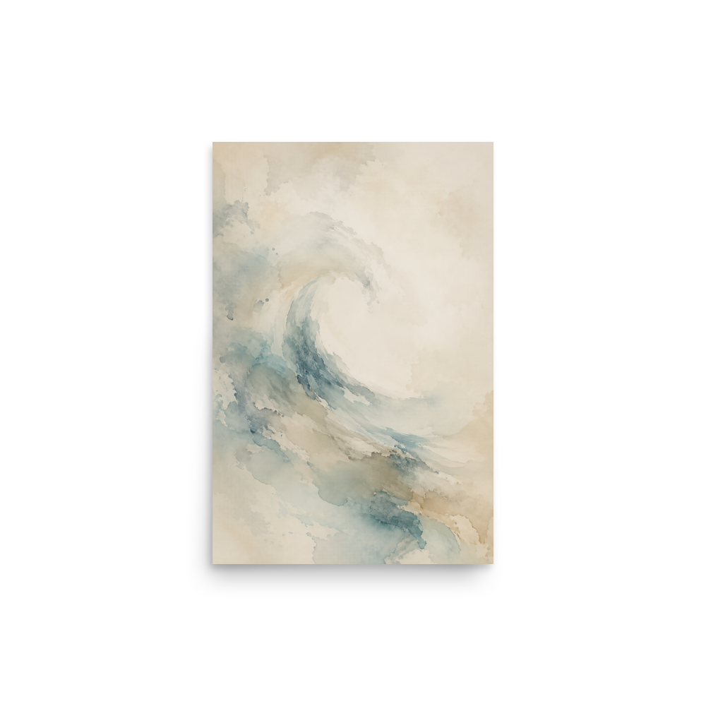 Minimalist ocean wave-inspired poster with flowing watercolor textures in soft blue, sand, and warm neutral tones.
