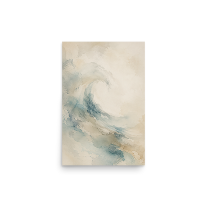 Minimalist ocean wave-inspired poster with flowing watercolor textures in soft blue, sand, and warm neutral tones.