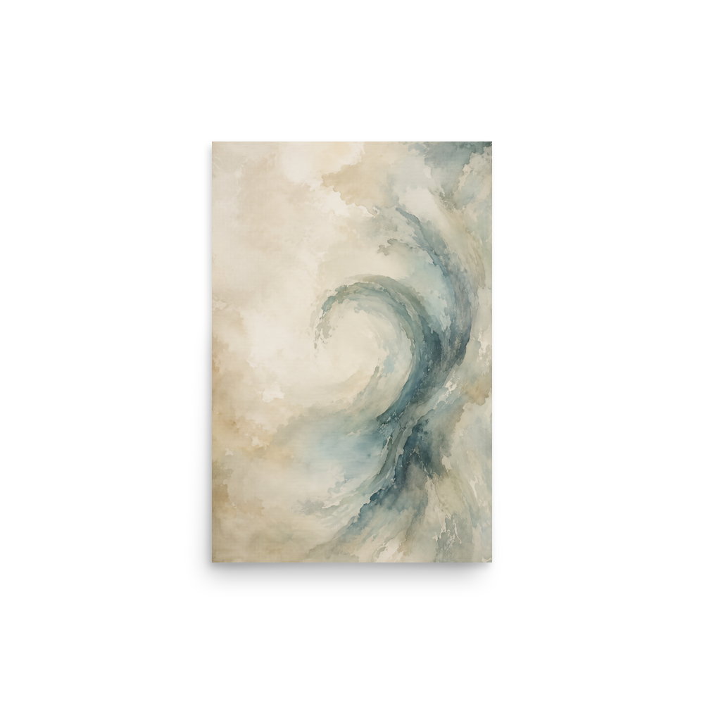 Minimalist ocean wave-inspired poster with flowing watercolor textures in soft blue, ivory, and warm neutral tones.