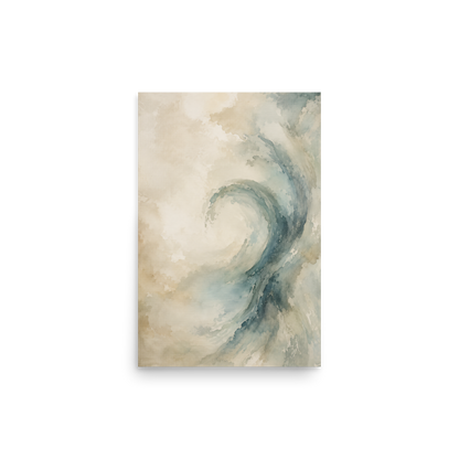 Minimalist ocean wave-inspired poster with flowing watercolor textures in soft blue, ivory, and warm neutral tones.