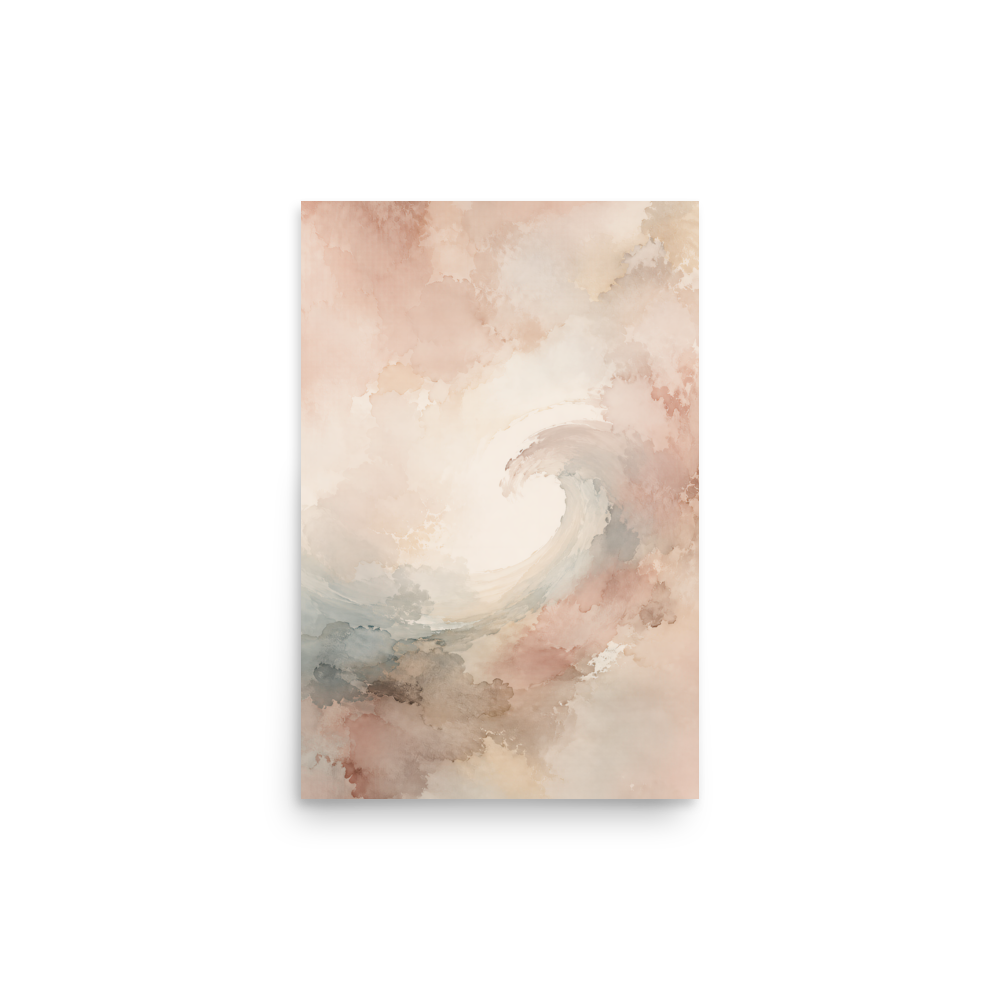Minimalist ocean wave-inspired poster with flowing watercolor textures in blush, soft blue, and warm neutral tones.