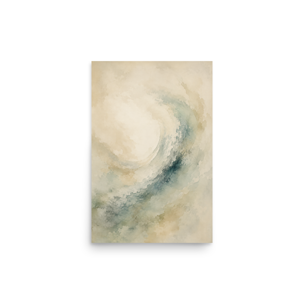 Minimalist ocean wave-inspired poster with flowing watercolor textures in soft blue, sage, and warm neutral tones.