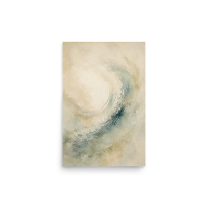 Minimalist ocean wave-inspired poster with flowing watercolor textures in soft blue, sage, and warm neutral tones.