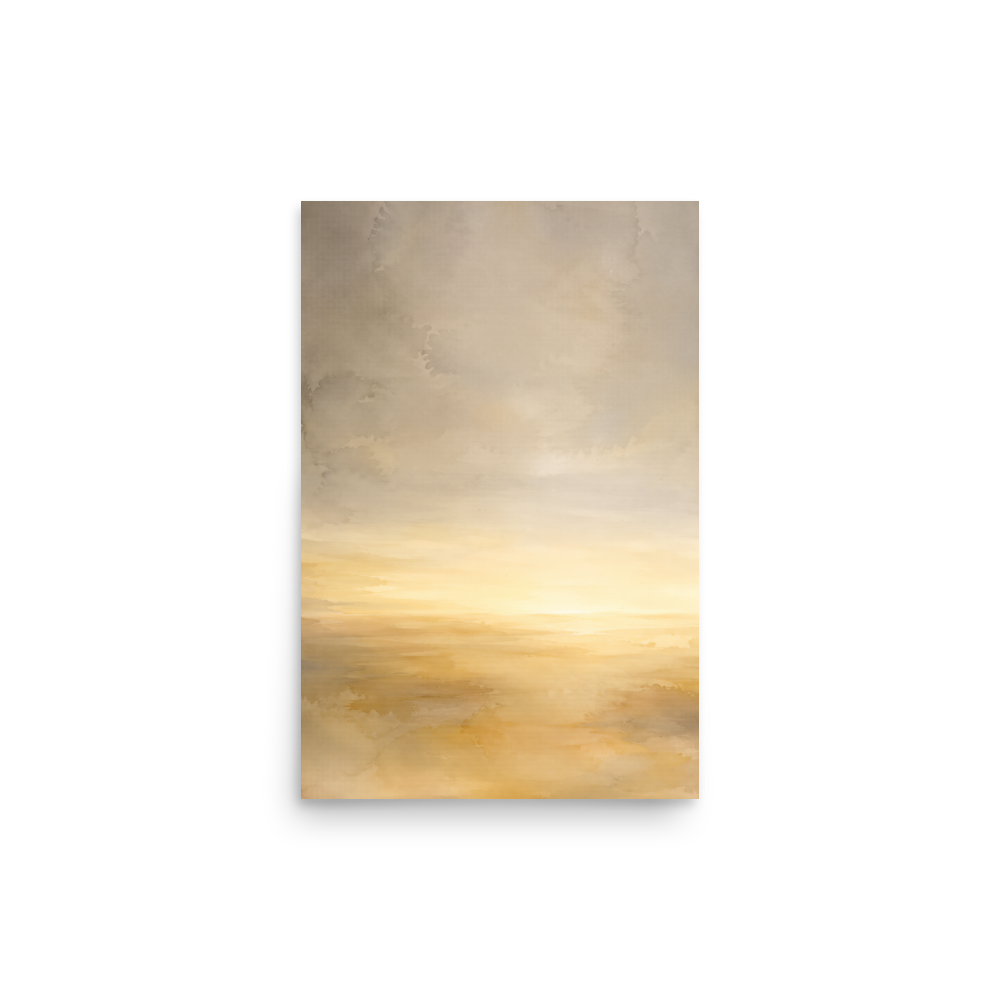Minimalist sunrise poster featuring a glowing ocean horizon with soft watercolor textures in warm gold, ivory, and neutral tones.
