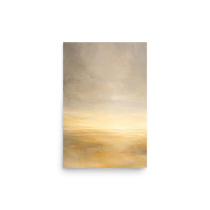 Minimalist sunrise poster featuring a glowing ocean horizon with soft watercolor textures in warm gold, ivory, and neutral tones.