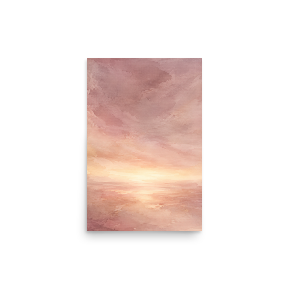 Minimalist sunrise poster with a glowing blush ocean horizon and soft watercolor textures in pink, peach, and warm neutral tones.