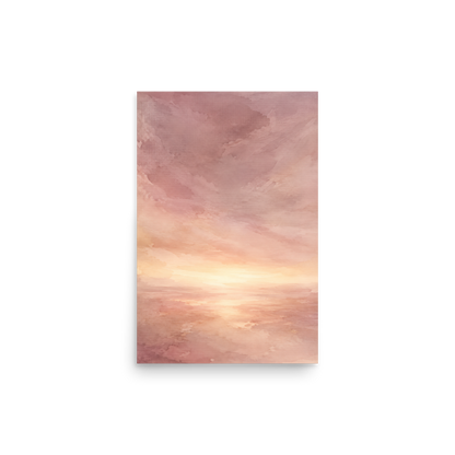 Minimalist sunrise poster with a glowing blush ocean horizon and soft watercolor textures in pink, peach, and warm neutral tones.