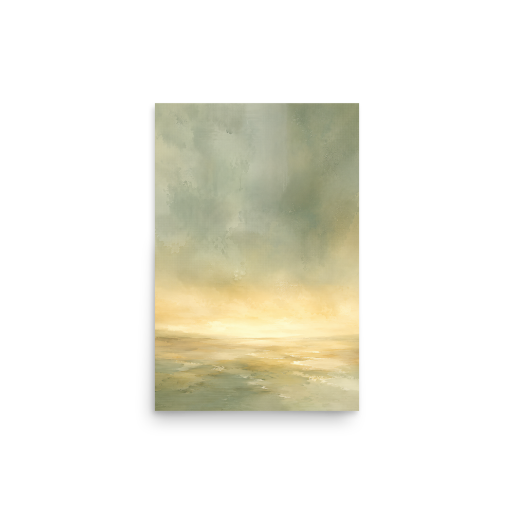 Minimalist sunrise poster featuring a glowing ocean horizon with soft sage green, warm gold, and watercolor textures.