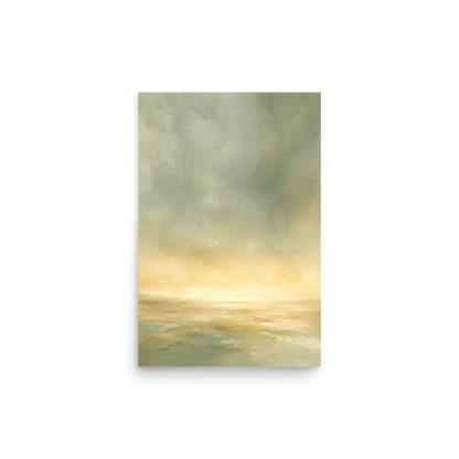 Minimalist sunrise poster featuring a glowing ocean horizon with soft sage green, warm gold, and watercolor textures.