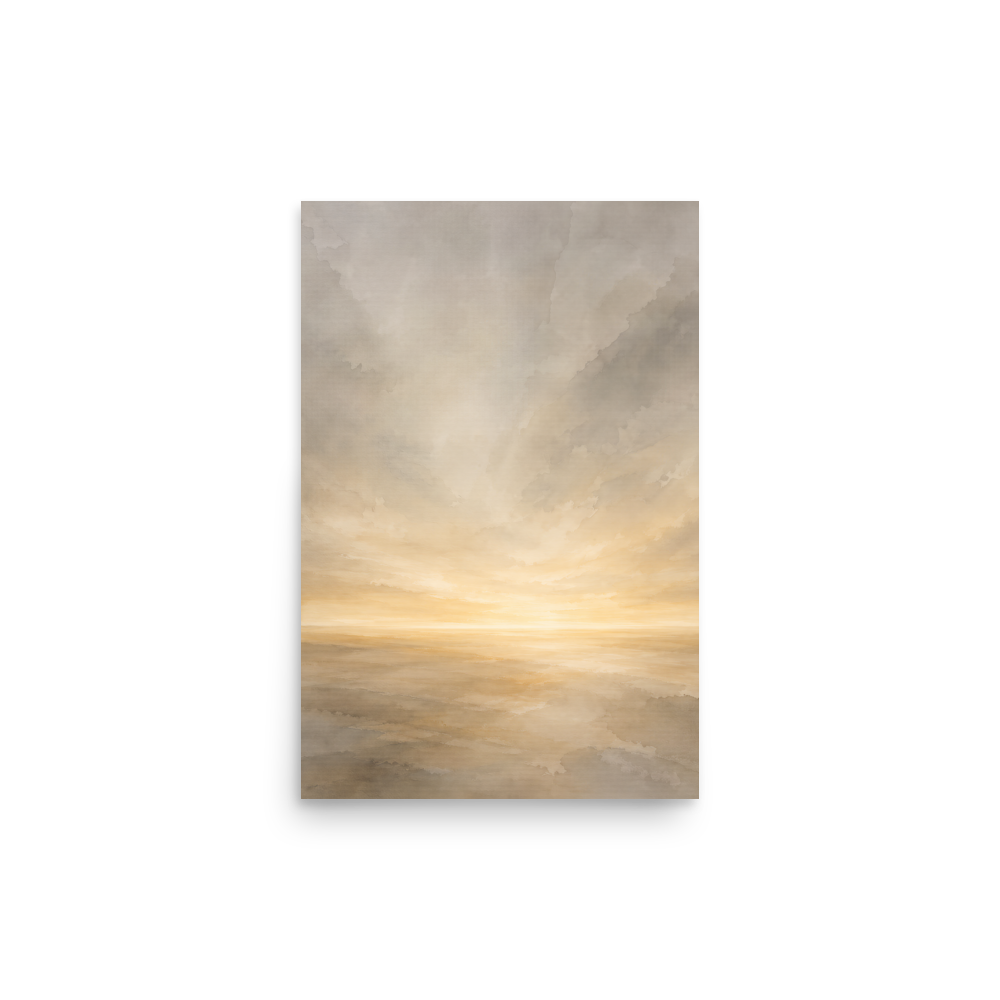 Minimalist sunrise poster featuring a glowing ocean horizon with soft neutral watercolor textures in ivory, beige, and warm gold.