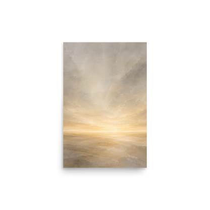 Minimalist sunrise poster featuring a glowing ocean horizon with soft neutral watercolor textures in ivory, beige, and warm gold.