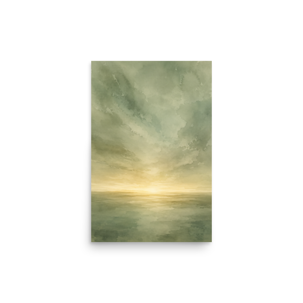 Minimalist sunrise poster featuring a glowing ocean horizon with soft sage green watercolor textures and warm golden light.