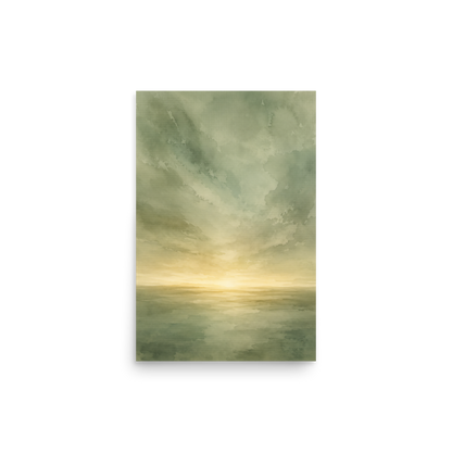 Minimalist sunrise poster featuring a glowing ocean horizon with soft sage green watercolor textures and warm golden light.