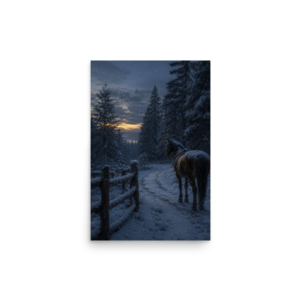 Winter forest poster with a lone horse on a snowy path at dusk, inspired by Robert Frost's Miles to go, original Visual Poetry artwork.