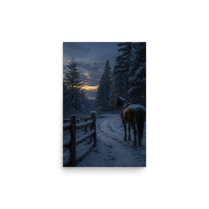 Winter forest poster with a lone horse on a snowy path at dusk, inspired by Robert Frost's Miles to go, original Visual Poetry artwork.