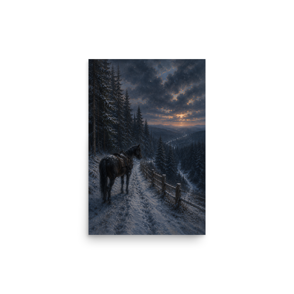 Mountain trail poster with a lone horse on a snowy winter path at sunset, inspired by Robert Frost’s The Road Not Taken, original Visual Poetry artwork.
