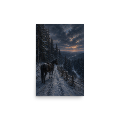 Mountain trail poster with a lone horse on a snowy winter path at sunset, inspired by Robert Frost’s The Road Not Taken, original Visual Poetry artwork.