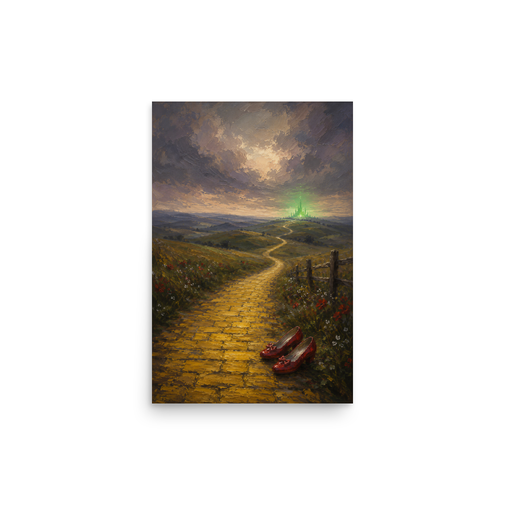 Yellow Brick Road poster featuring ruby slippers beside a winding golden path leading toward a distant emerald city, inspired by There's No Place Like Home, original Visual Poetry artwork.