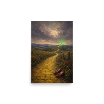 Yellow Brick Road poster featuring ruby slippers beside a winding golden path leading toward a distant emerald city, inspired by There's No Place Like Home, original Visual Poetry artwork.