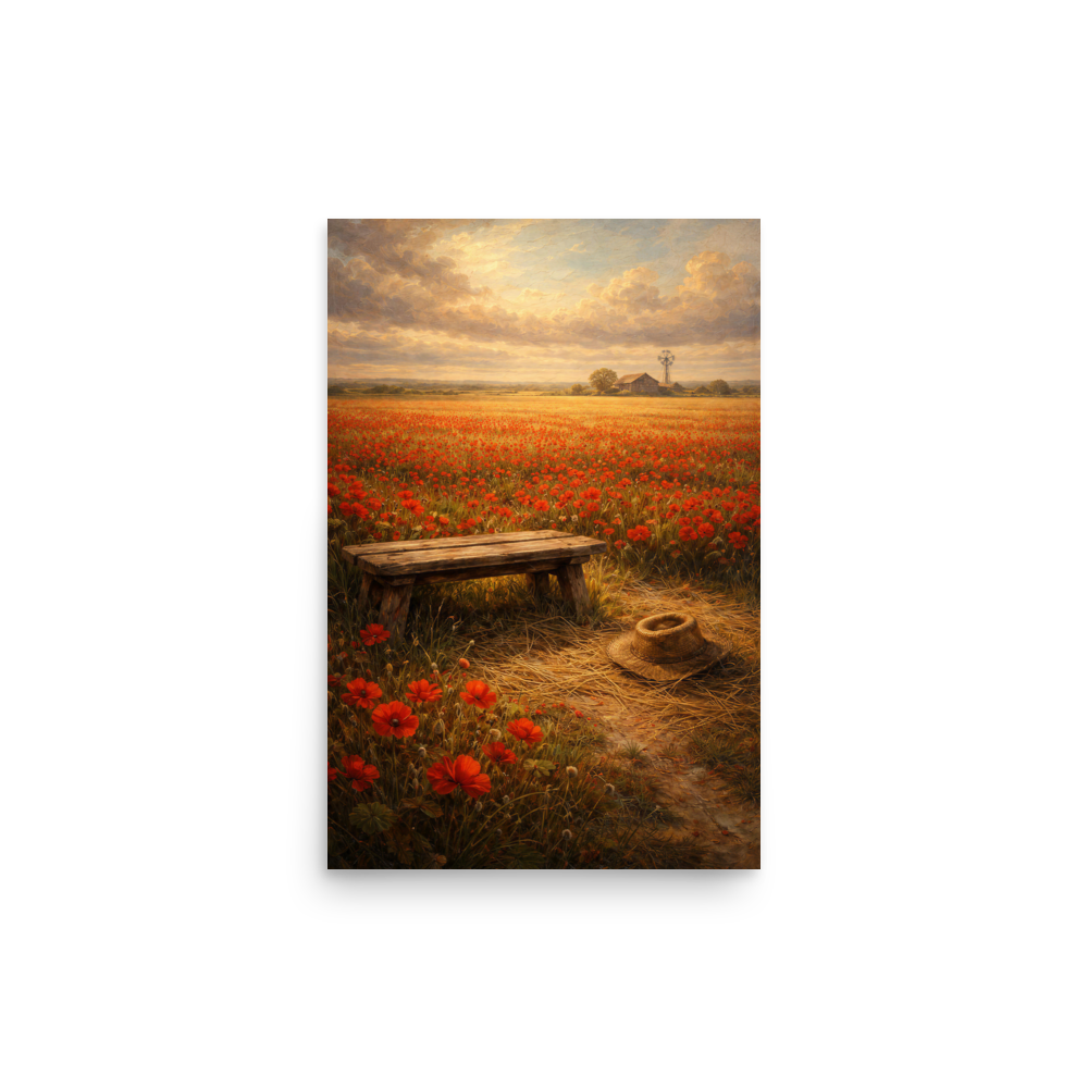 Poppy Field poster featuring a rustic bench, straw hat, and a vast field of red poppies beneath a glowing countryside sky, inspired by The Deadly Poppy Field, original Visual Poetry artwork.