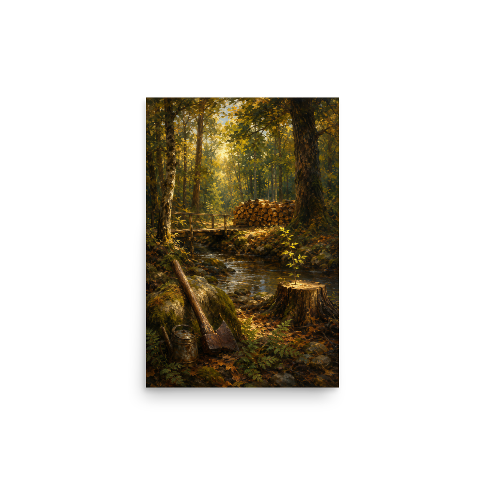 Forest Clearing poster featuring a woodland stream, rustic bridge, axe, stacked firewood, and a young sapling growing from a tree stump, inspired by Follow the Yellow Brick Road, original Visual Poetry artwork.