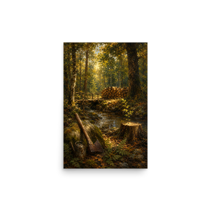 Forest Clearing poster featuring a woodland stream, rustic bridge, axe, stacked firewood, and a young sapling growing from a tree stump, inspired by Follow the Yellow Brick Road, original Visual Poetry artwork.