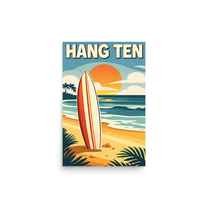 Hang Ten vintage surf poster with surfboard and California sunset beach scene