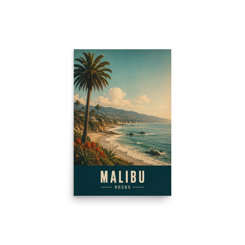 Retro Malibu California travel poster with palm tree and ocean cliff view, ZIP code 90265