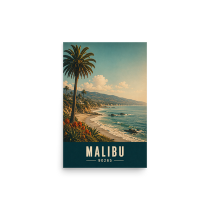 Retro Malibu California travel poster with palm tree and ocean cliff view, ZIP code 90265