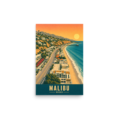 Aerial Malibu Pacific Coast Highway sunset poster with 90265 zip code