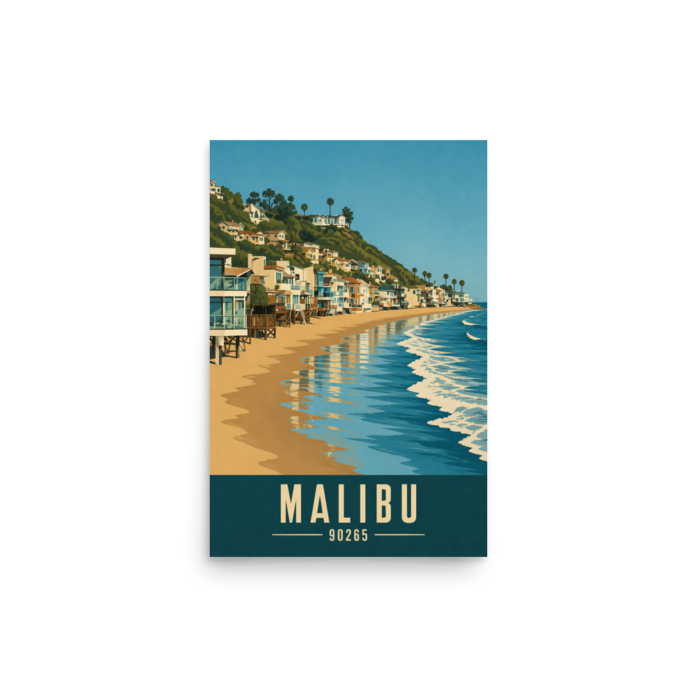 Malibu beach house coastal poster with 90265 zip code, beachfront wall art