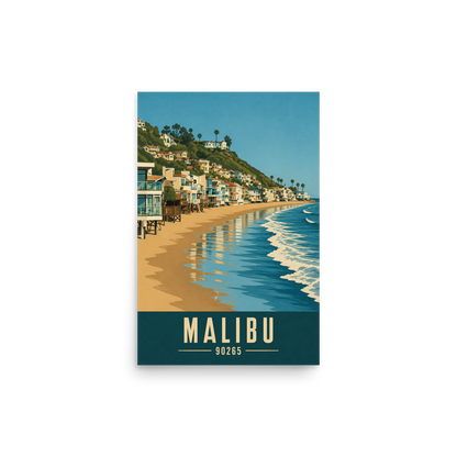 Malibu beach house coastal poster with 90265 zip code, beachfront wall art