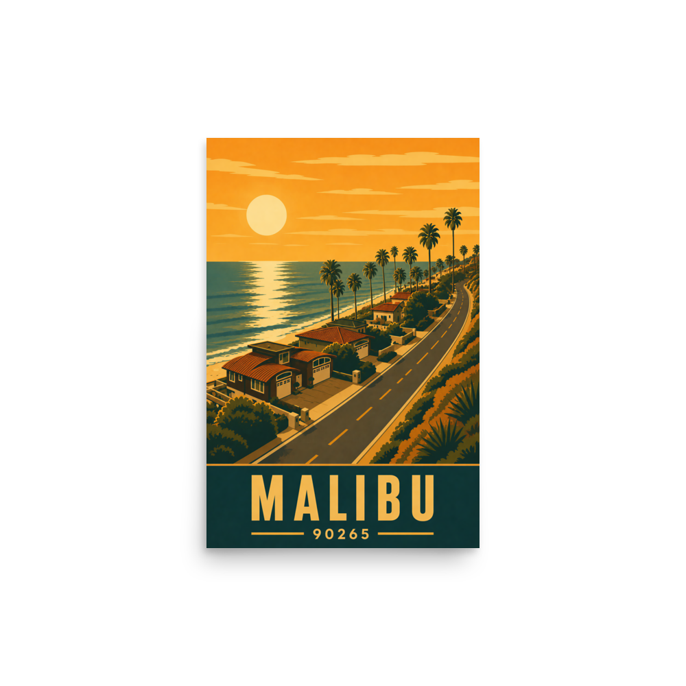 Malibu palm-lined sunset coastal road poster with 90265 zip code