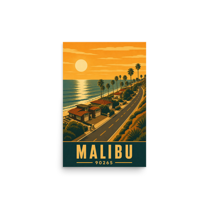 Malibu palm-lined sunset coastal road poster with 90265 zip code