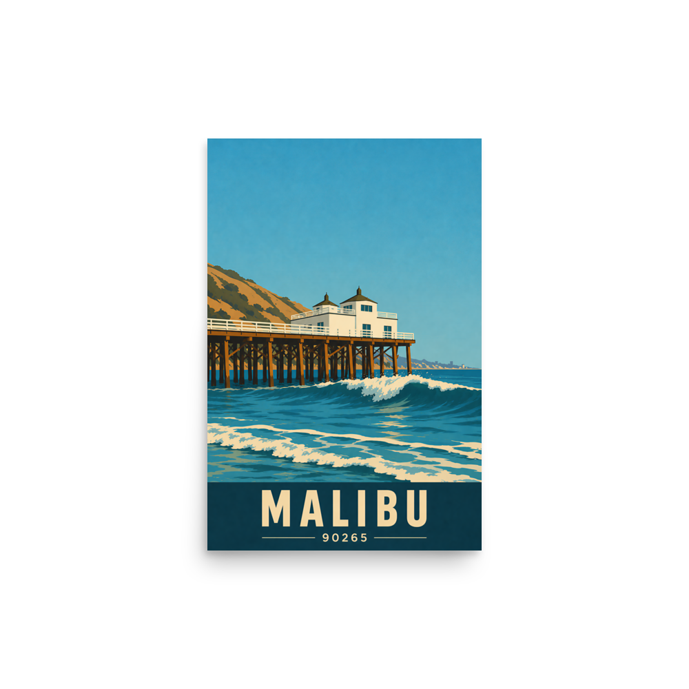 Malibu oceanfront pier and waves poster with 90265 zip code