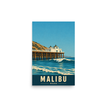 Malibu oceanfront pier and waves poster with 90265 zip code