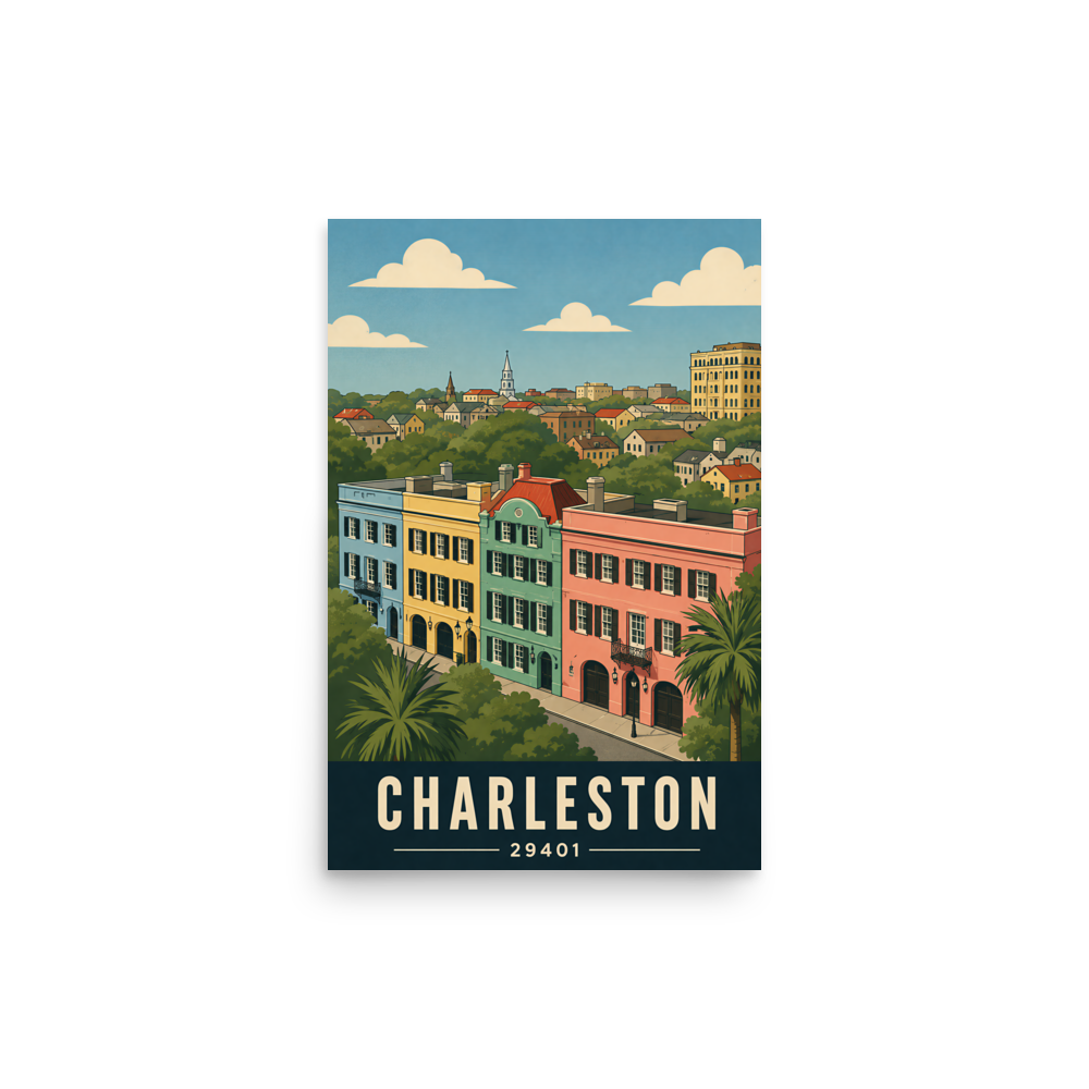 Rainbow Row Charleston historic homes poster with 29401 zip code