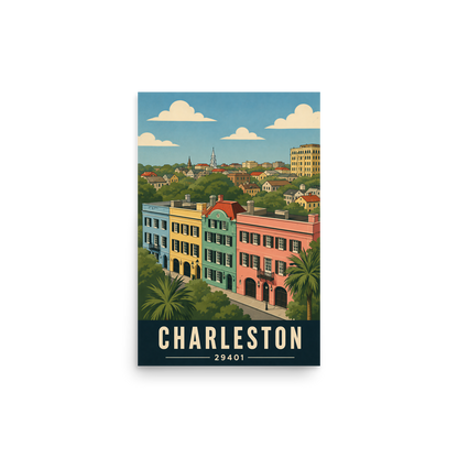 Rainbow Row Charleston historic homes poster with 29401 zip code
