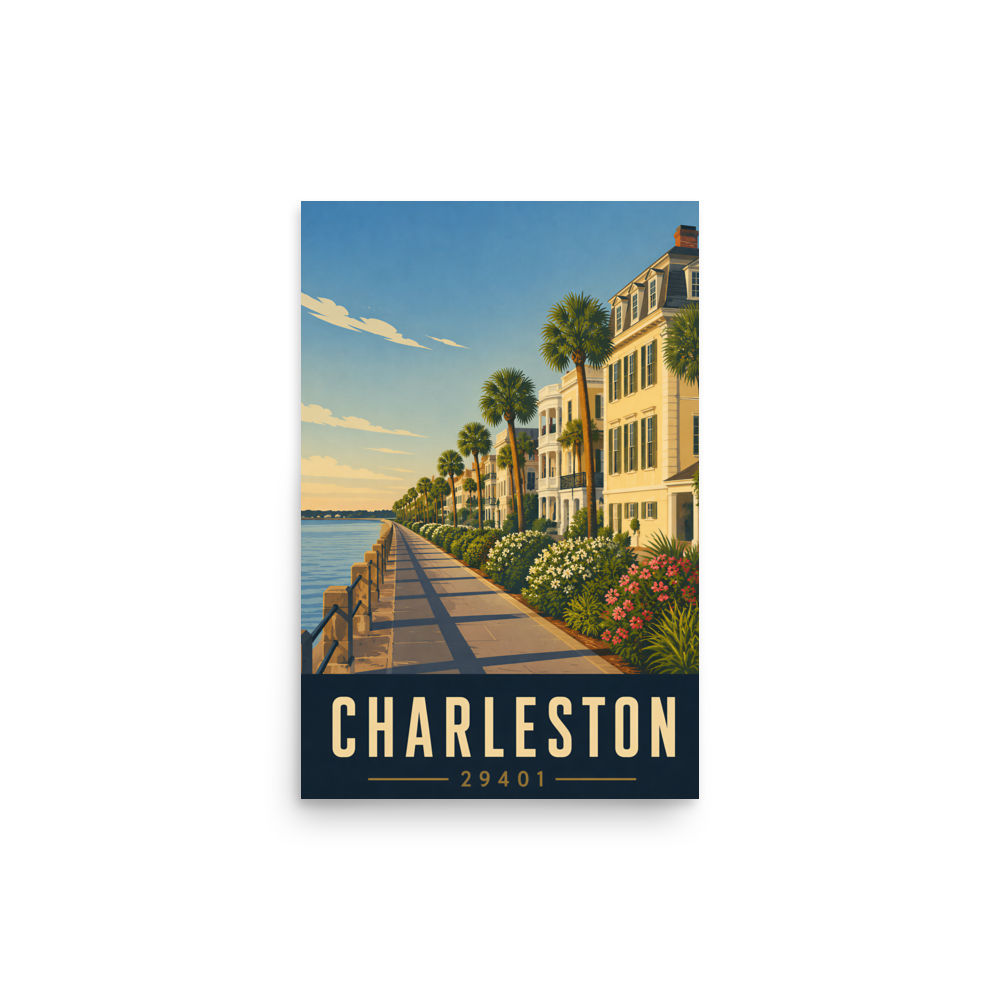 Charleston The Battery waterfront promenade poster with 29401 zip code
